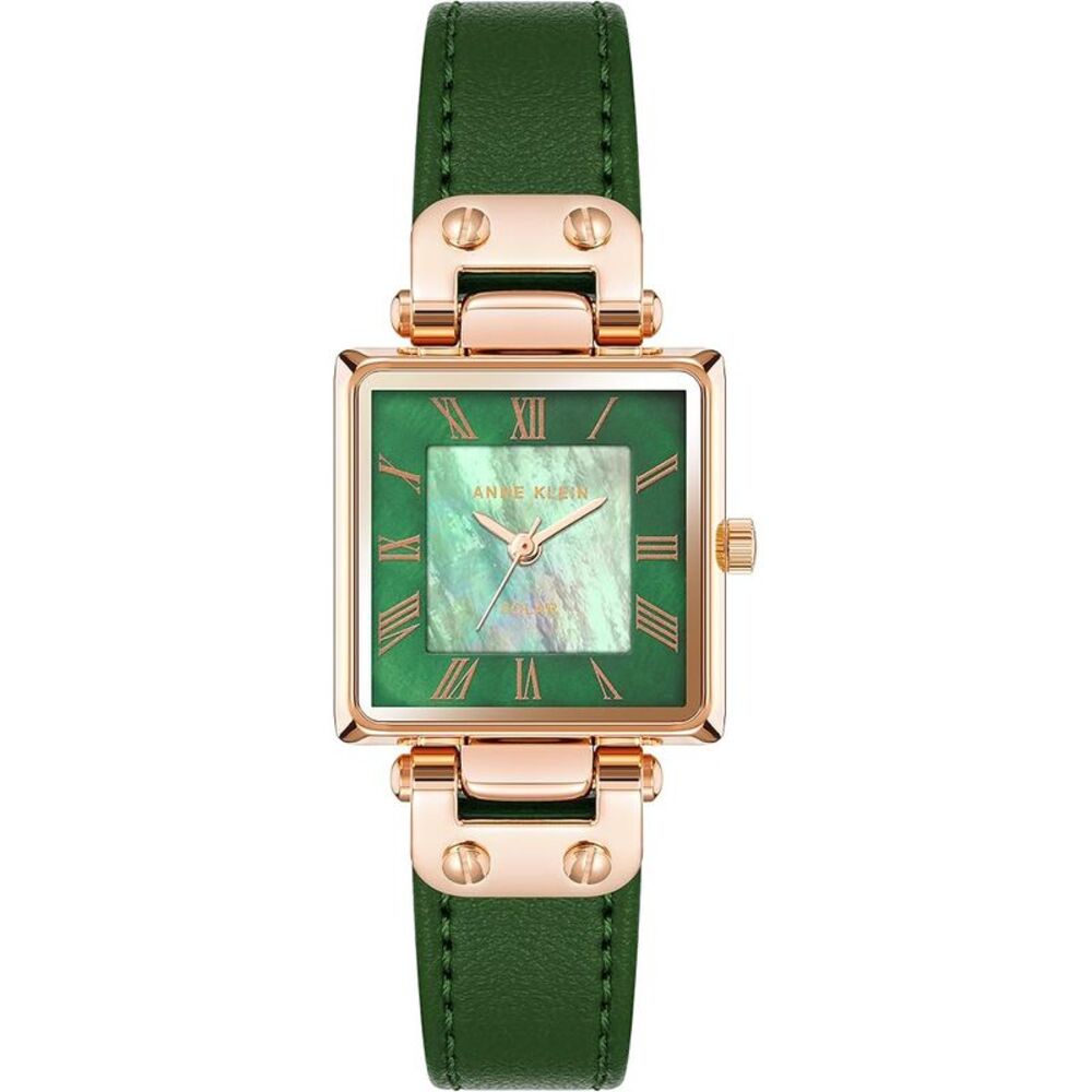 Anne Klein Rose Gold-Tone Square Green Mother-of-Pearl Apple Leather Ladies